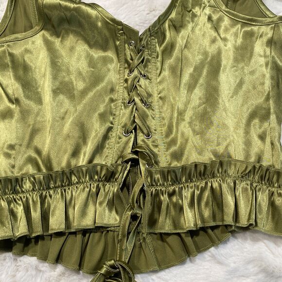 Ribbon Corset Top Medium Whimsical Satiny Chartreuse Lace Up Back Fairy - Picture 6 of 8